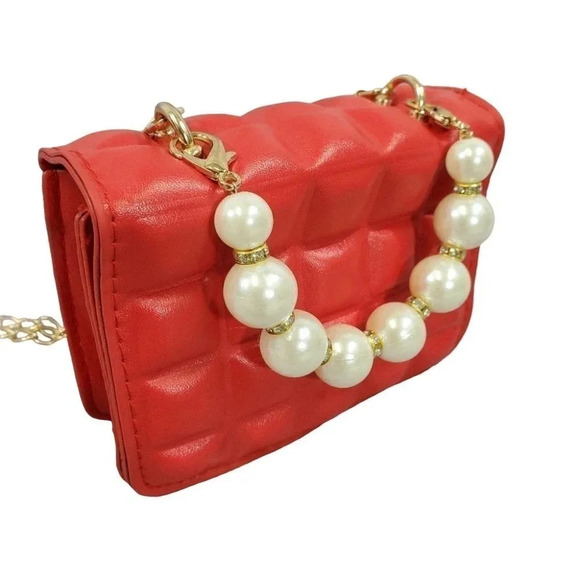 Red Golden Mini Clutch Handbag Purse. Pearls and Sparkles. - Picture 6 of 10